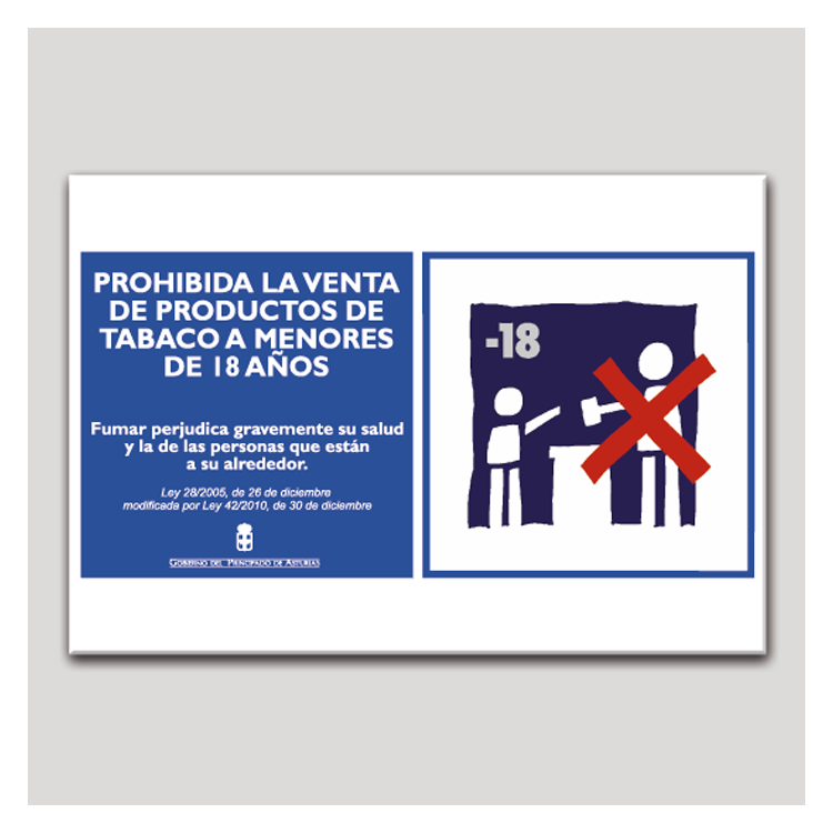 Cartel de Prohibida la venta de productos de tabaco a menores de 18 años - Asturias