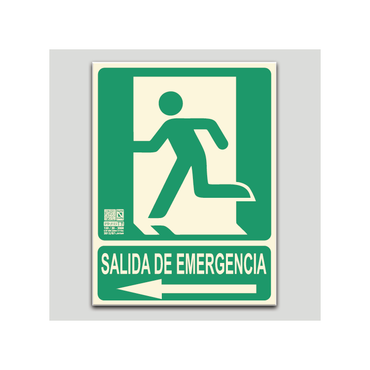Salida de emergencia con pictograma y flecha a la izquierda (en español)