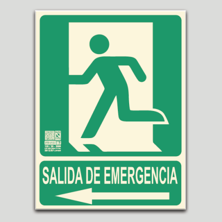 Cartel de salida de emergencia con pictograma y flecha a la izquierda fotoluminiscente