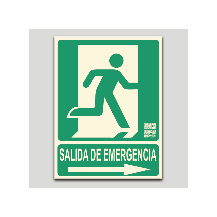 Salida de emergencia con pictograma y flecha a la derecha (en español)
