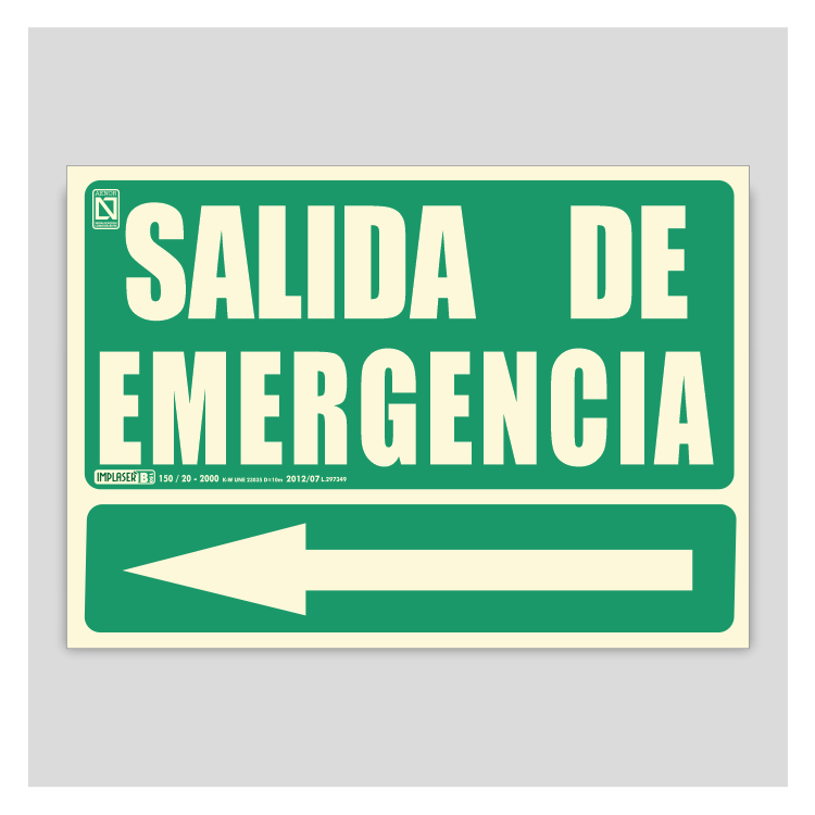 Salida de emergencia fotoluminiscente con flecha a la izquierda