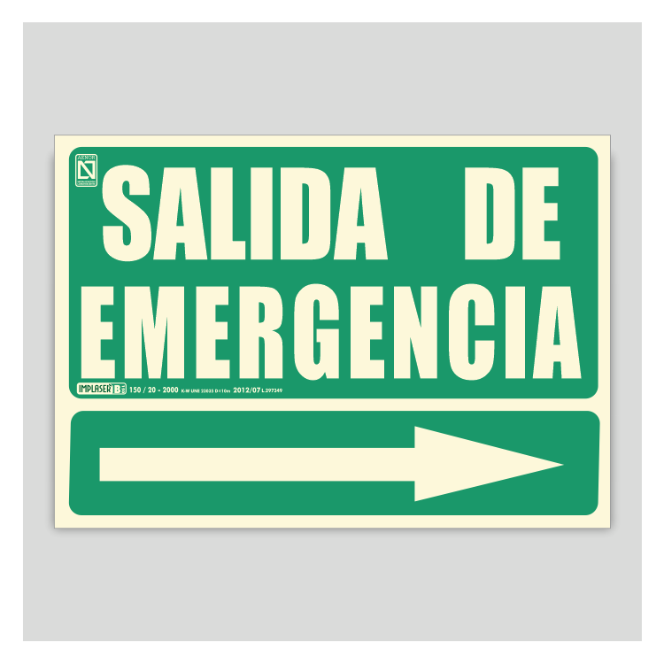 Salida de emergencia fotoluminiscente con flecha a la derecha