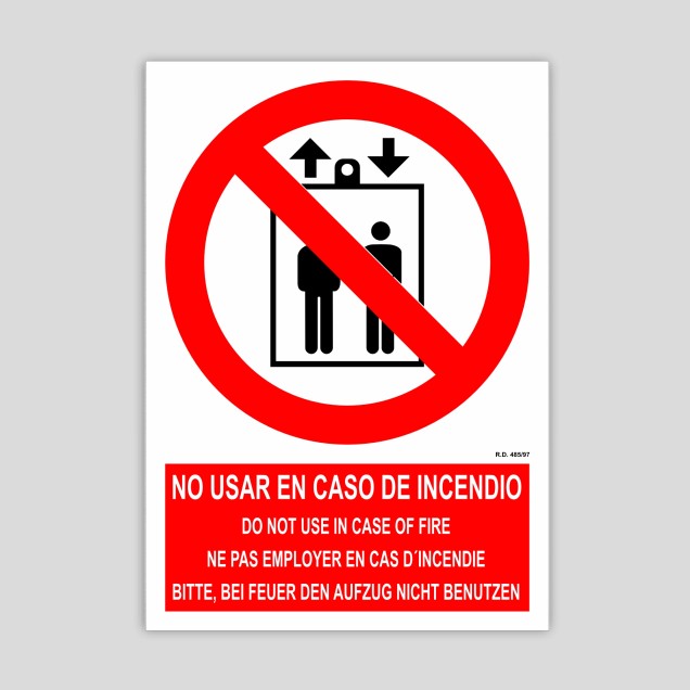 Cartel de No utilizar en caso de incendio (varios idiomas)