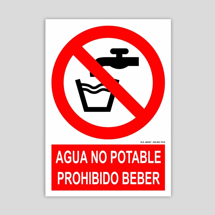 Cartel de agua no potable prohibido beber, disponible en PVC, en adhesivo, en varios tamaños.