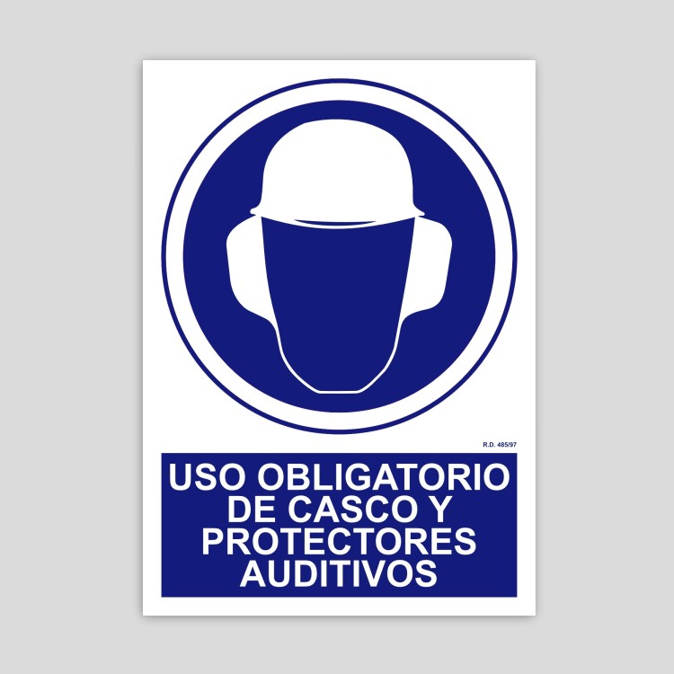Cartel de uso obligatorio de casco y protectores auditivos
