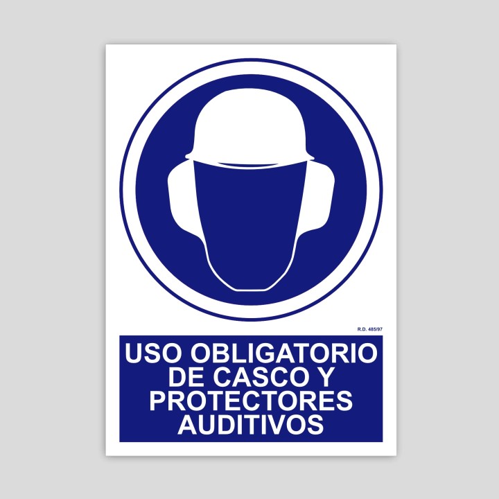 Sign requiring mandatory use of helmets and hearing protectors