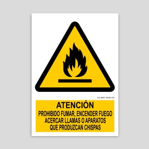 Cartel de Atención, prohibido fumar, encender fuego, acercar llamas o aparatos que produzcan chispas