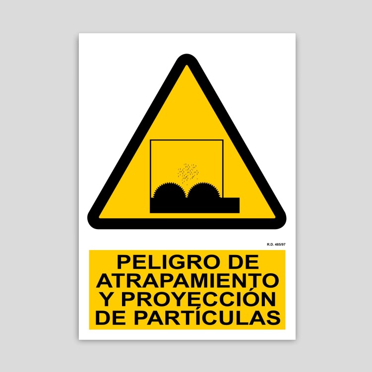 Cartel de peligro de atrapamiento y proyección de partículas