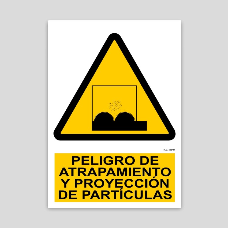 Cartell de perill d'atrapament i projecció de partícules