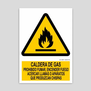 Cartell de caldera de gas, prohibit fumar, encendre foc, flames o aparells que produeixin espurnes