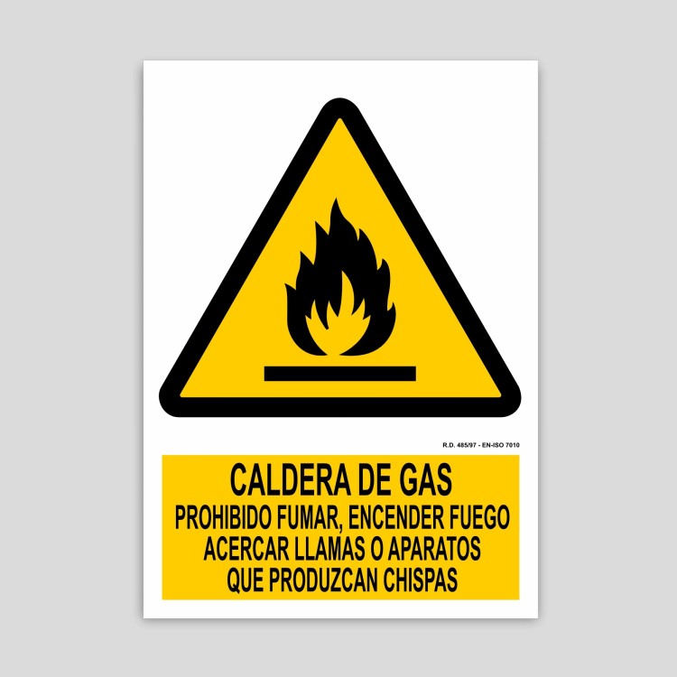 Cartel de caldera de gas, prohibido fumar, encender fuego, llamas o aparatos que produzcan chispas