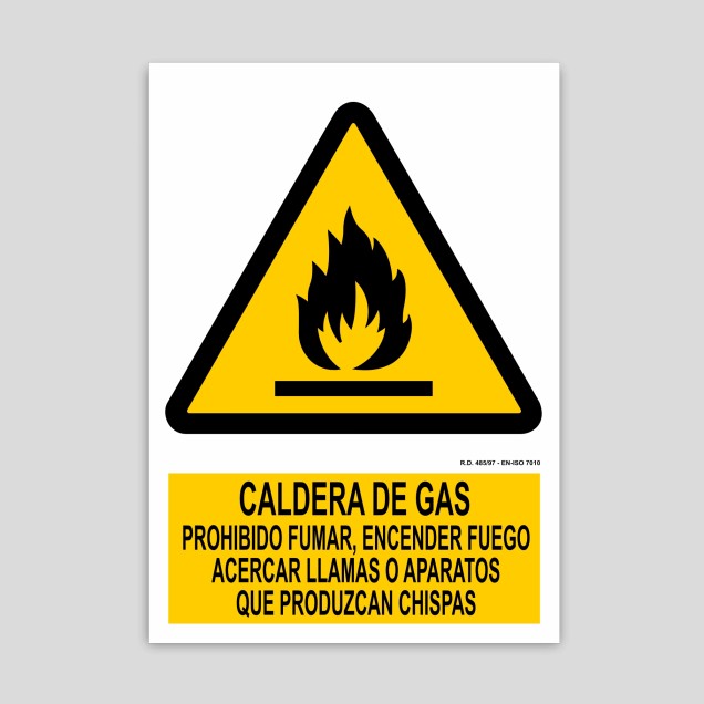 Cartell de caldera de gas, prohibit fumar, encendre foc, flames o aparells que produeixin espurnes
