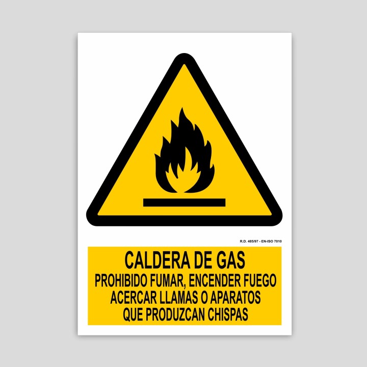 Cartell de caldera de gas, prohibit fumar, encendre foc, flames o aparells que produeixin espurnes